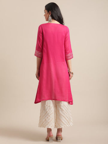 varanga pink gota embllshment A-line kurta with off white plazzo and net embroidered dupatta